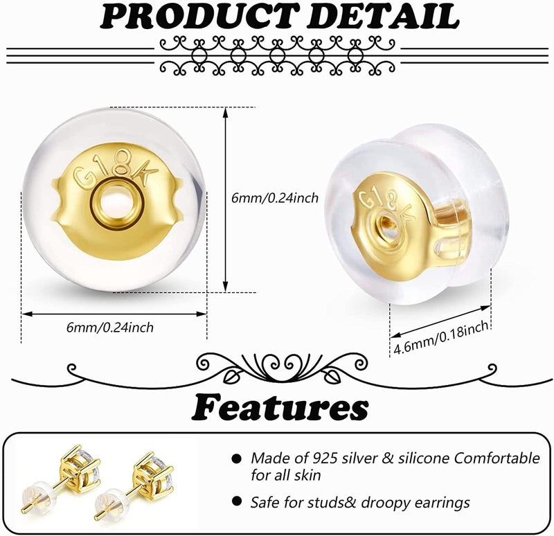 Formulen Silicone Earring Backs,18K Gold Locking Secure Earring Backs for Studs/Droopy Ears, No-Irritate Hypoallergenice Backings for Women Men (Gold) - Image 3